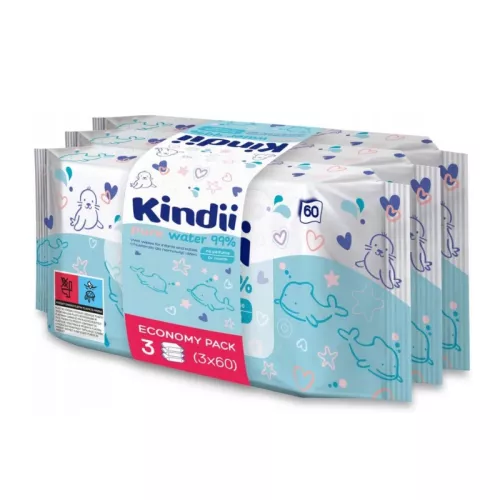 Wet wipes set for babies Kindii Pure Water 99% 3x60 pcs.