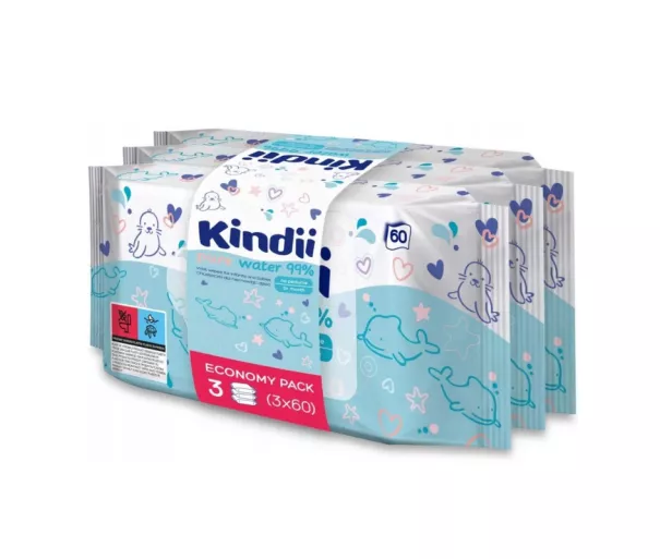 Набор влажных салфеток для младенцев Kindii Pure Water 99%, 3 x 60 шт.