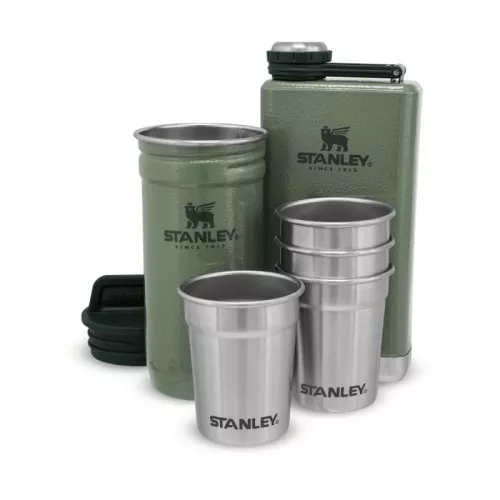 The Pre-Party Shot Glass + Flask Set gift set, vodka glasses 4gb 50mL and blachette 0,23L green