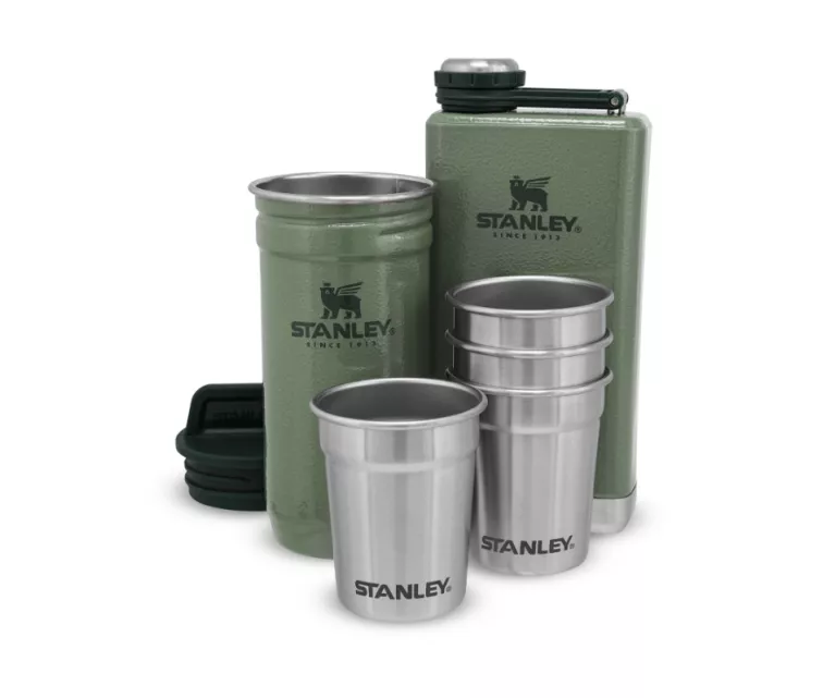 The Pre-Party Shot Glass + Flask Set gift set, vodka glasses 4gb 50mL and blachette 0,23L green