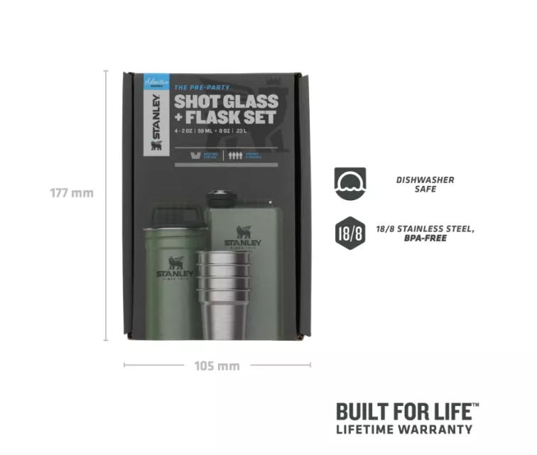 The Pre-Party Shot Glass + Flask Set gift set, vodka glasses 4gb 50mL and blachette 0,23L green