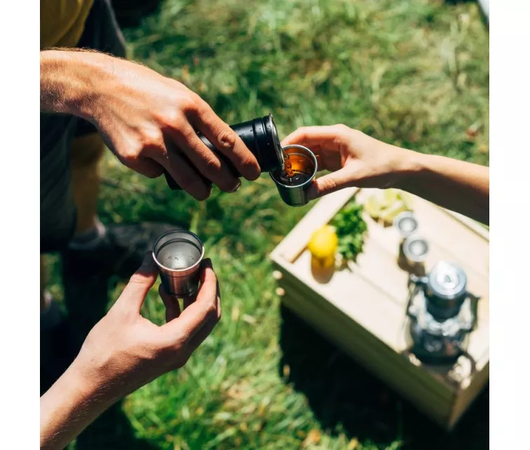 The Pre-Party Shot Glass + Flask Set gift set, vodka glasses 4gb 50mL and blachette 0,23L green