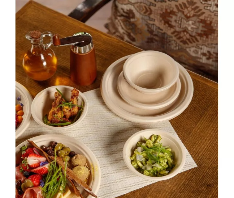 Compostable sugar cane plates with Go Green pattern Ø23cm 10 pcs/0,15kg