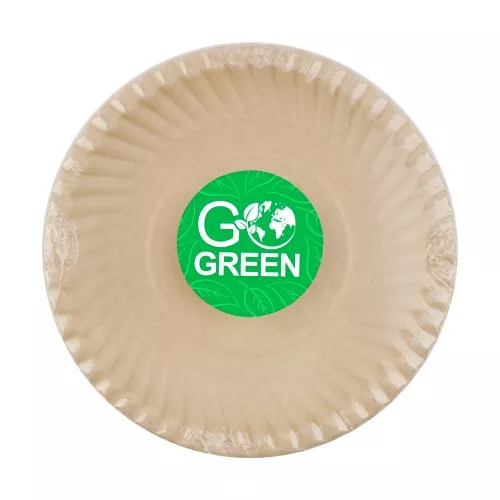 Compostable sugar cane plates with Go Green pattern Ø23cm 10 pcs/0,15kg